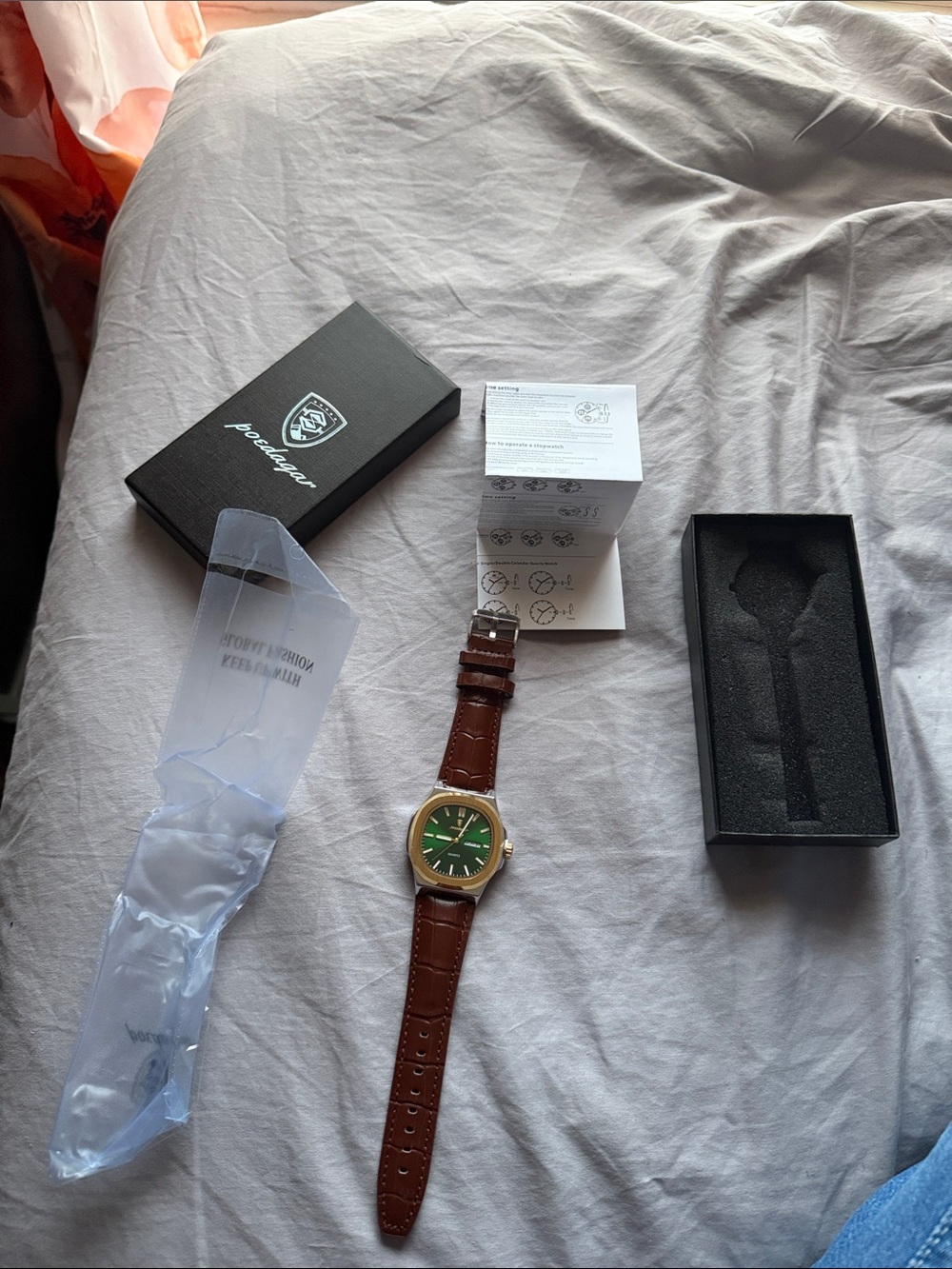 Brown Leather Strap Watch with Green Dial - Unbranded